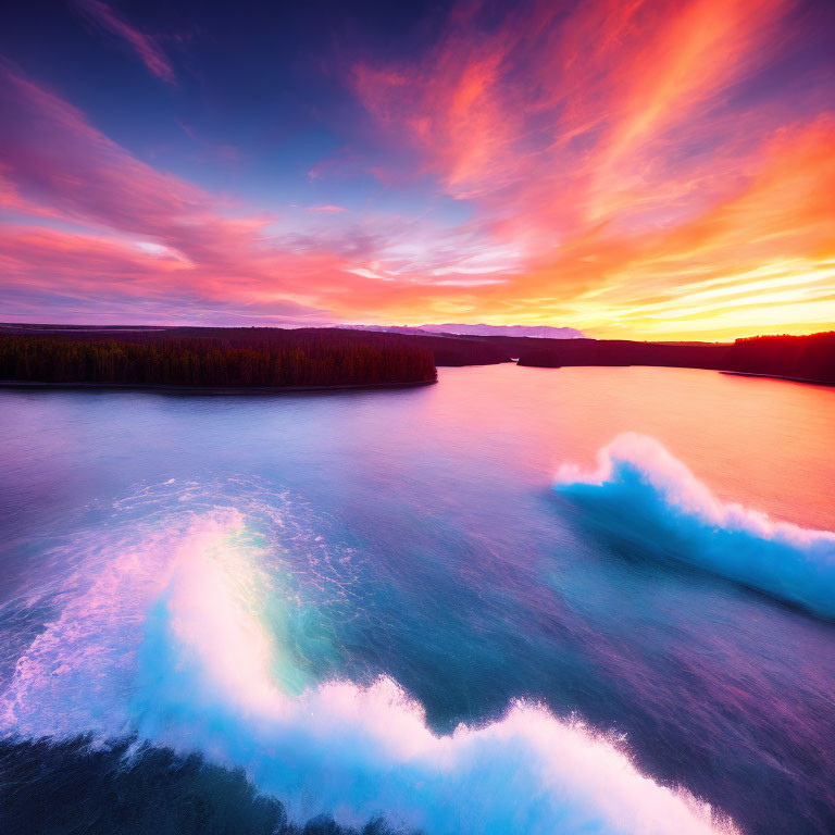 Serene sea sunset with pink and orange clouds and dark treeline