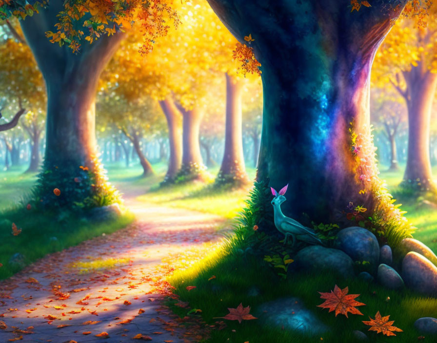 Enchanted forest with golden autumn trees and mystical path alongside a luminous pink-antlered