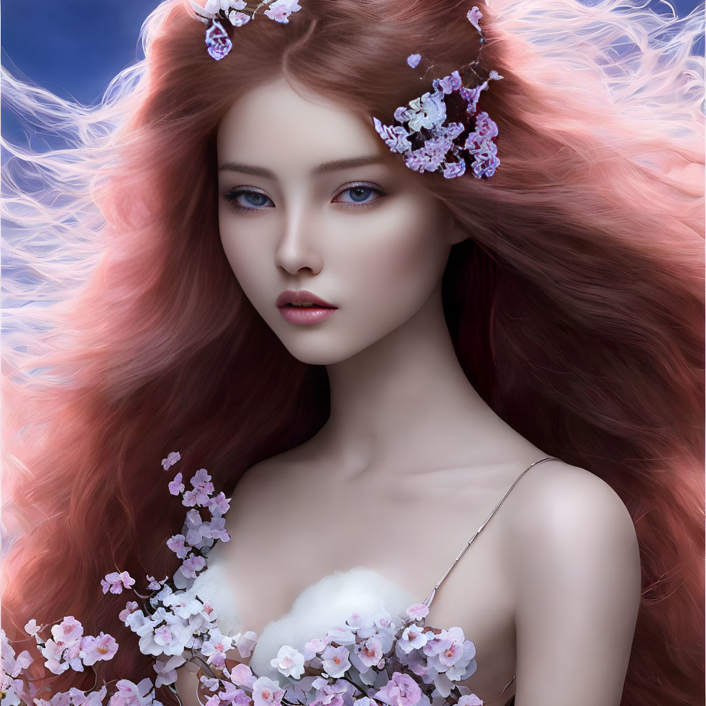 Fantasy portrait of woman with long pink hair and floral accessories on blue background