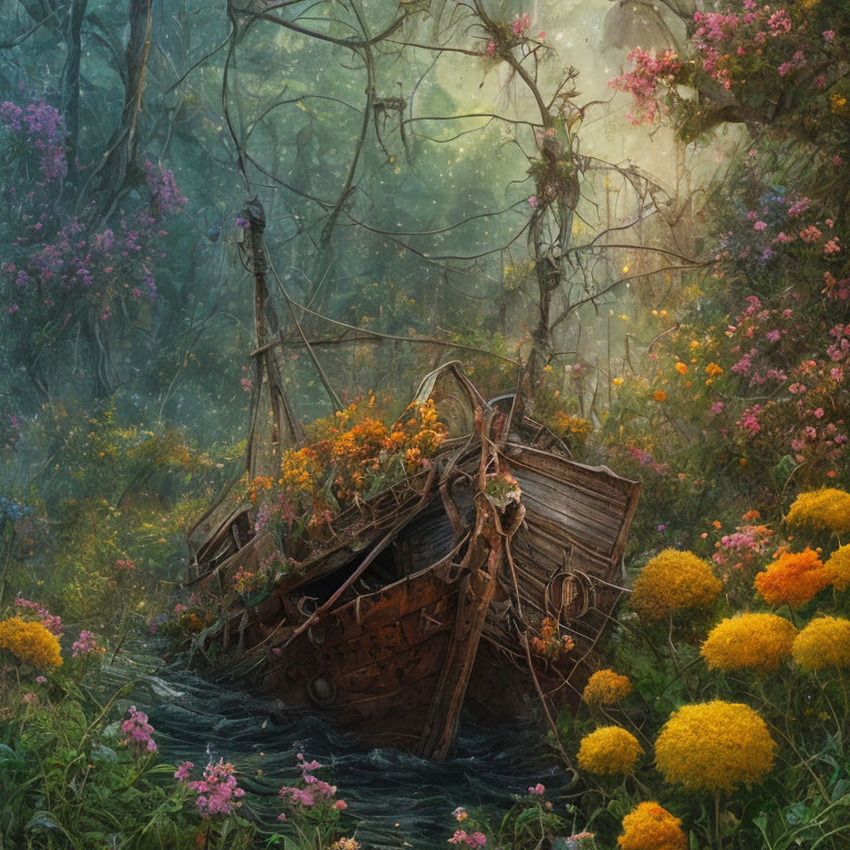 Abandoned shipwreck in mystical forest with blooming flowers