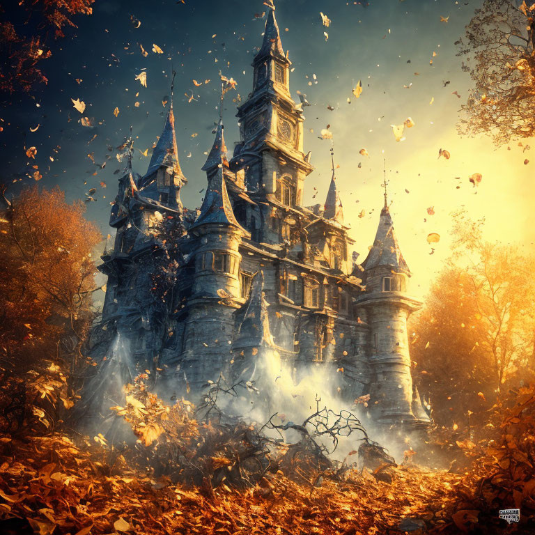 Ancient castle with spires in mystical autumn setting