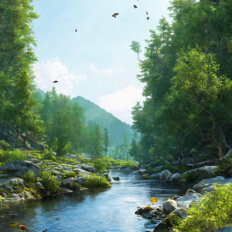 Tranquil Forest Scene with River, Greenery, and Birds