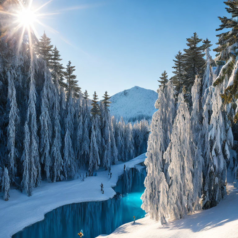 Snowy winter landscape with frost-covered trees, frozen lake, and snow-capped mountains.