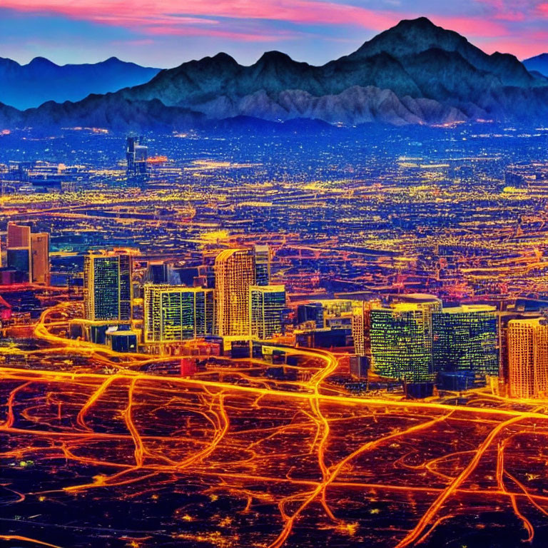 Colorful Cityscape at Twilight with Illuminated Buildings and Mountain Backdrop