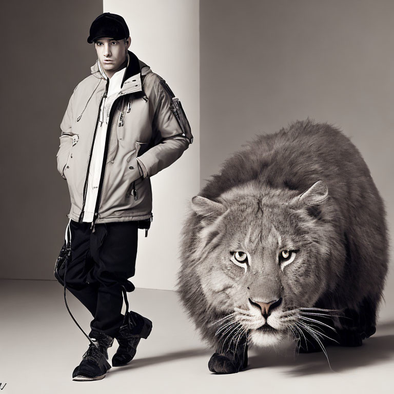 Confident man in trendy attire with imposing lion in studio setting