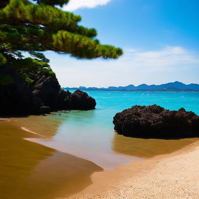 Scenic Sandy Beach with Turquoise Waters and Volcanic Rocks