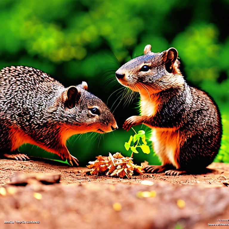 Vibrant image of two squirrels exploring a plant on green background