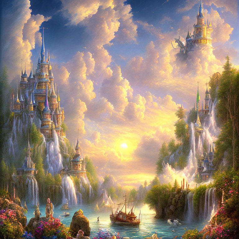 Majestic castle in fantastical landscape with waterfalls, flora, ship, and glowing sunset