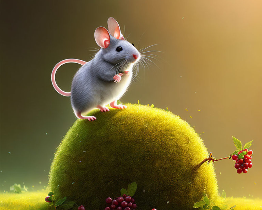 Illustration of mouse on green mound with red berries in warm light