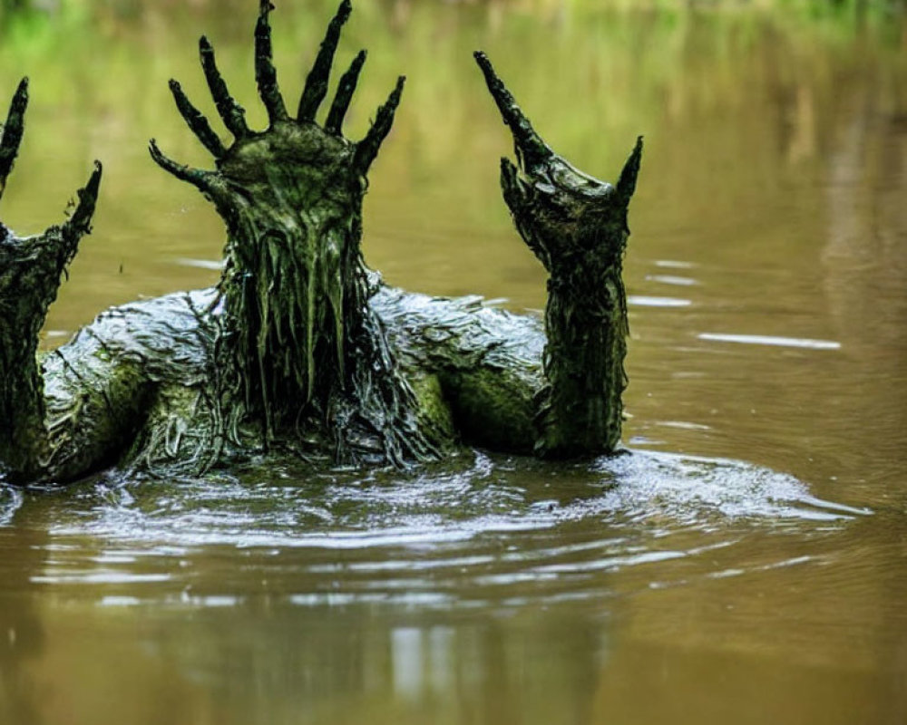 Muddy slime-covered creature with eerie fingers emerging from water