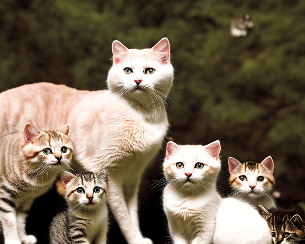 Six cats of different patterns on ledge with green foliage background