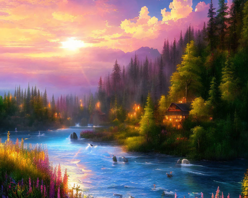 Tranquil twilight scene with cabin by forest river