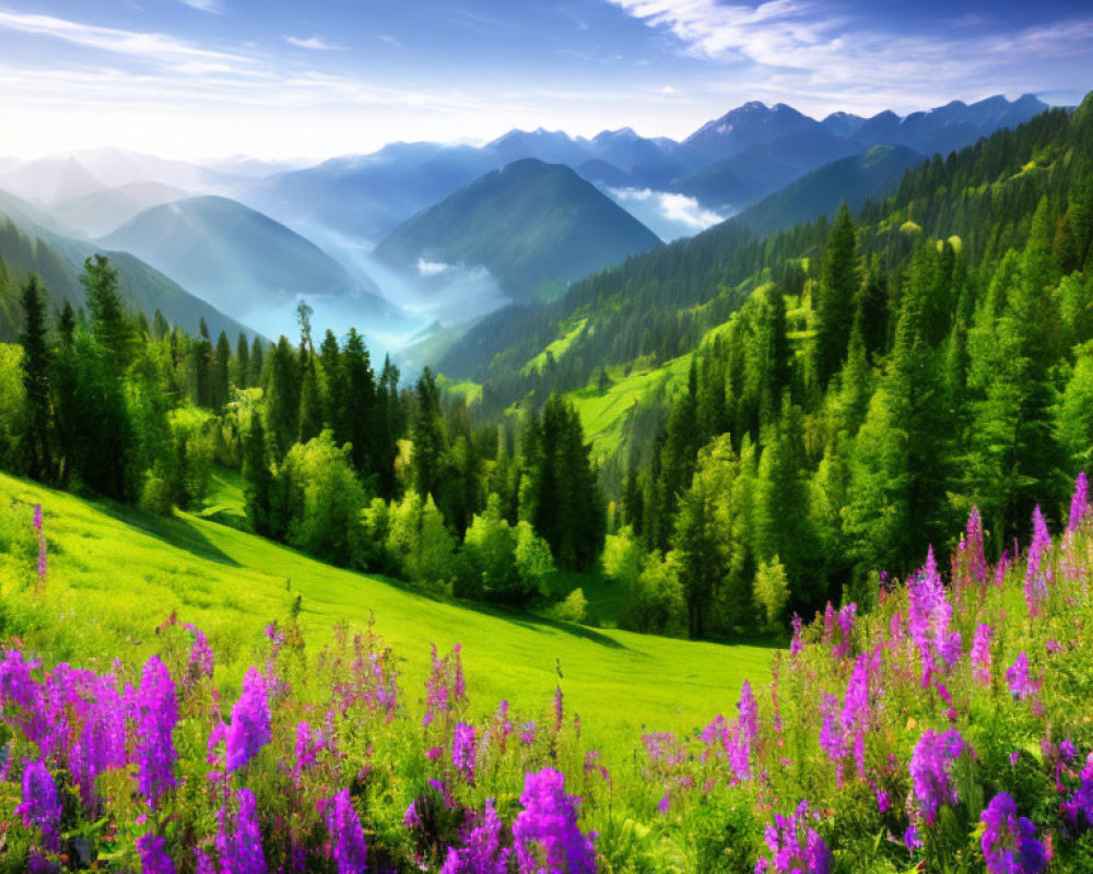 Scenic landscape with green hills, wildflowers, mountains, misty valley