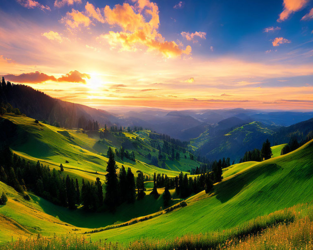 Scenic sunset over rolling green landscape