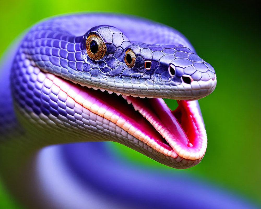 Detailed Close-Up of Blue Snake with Open Mouth and Sharp Teeth on Green Background