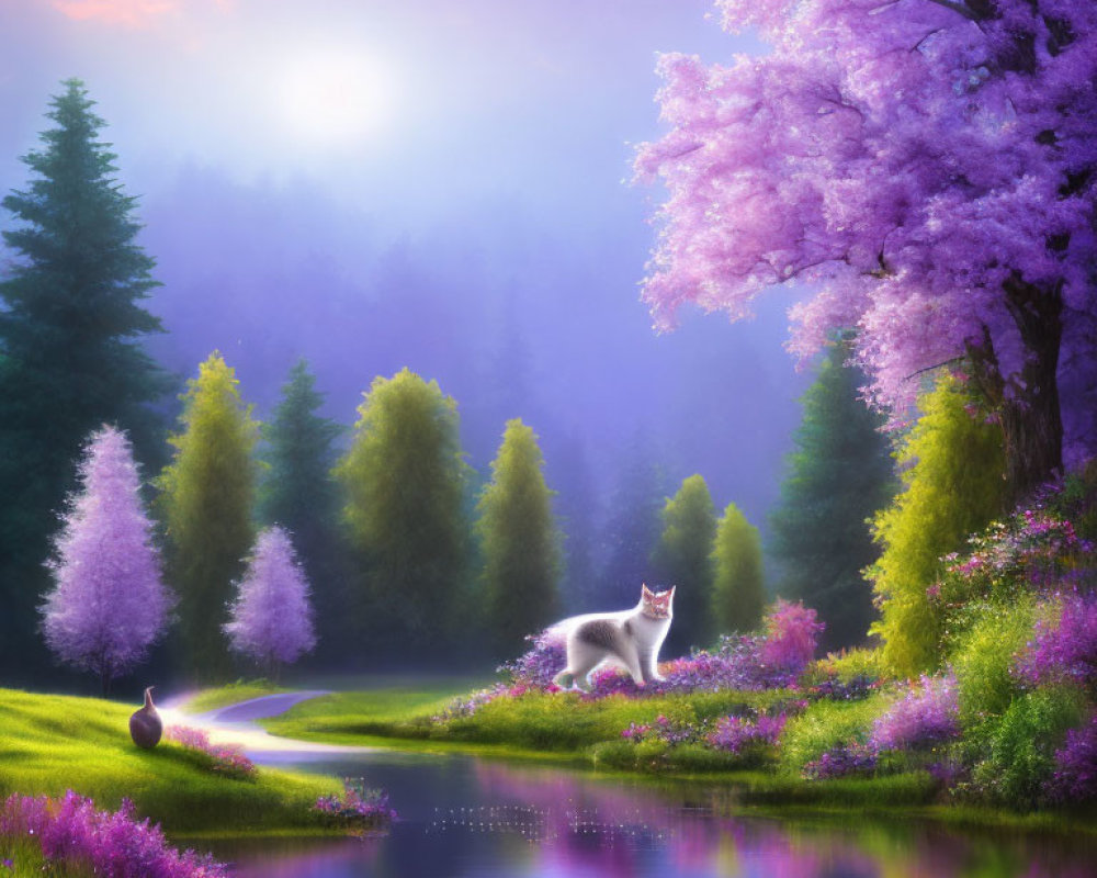 Fantasy landscape with purple flora, glowing sun, pond, cats, cherry blossom tree