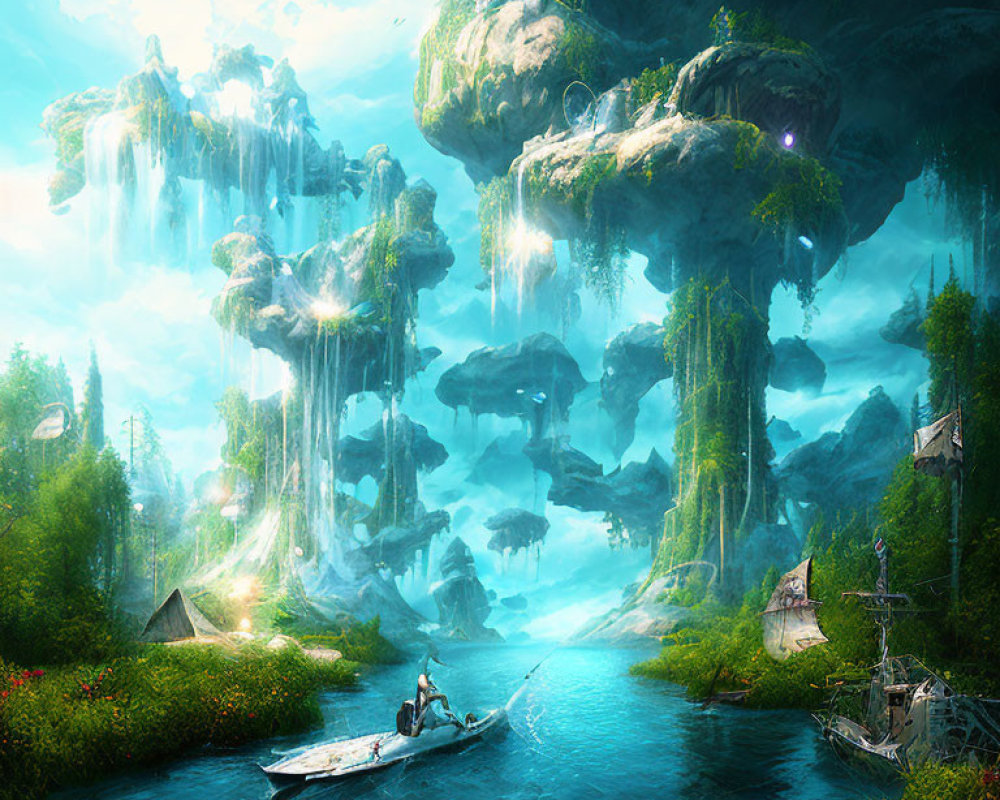 Majestic floating islands with waterfalls and lush greenery