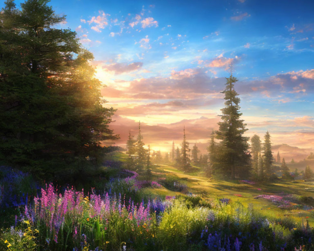 Scenic landscape: Vibrant sunrise, lush trees, purple wildflowers, misty mountains