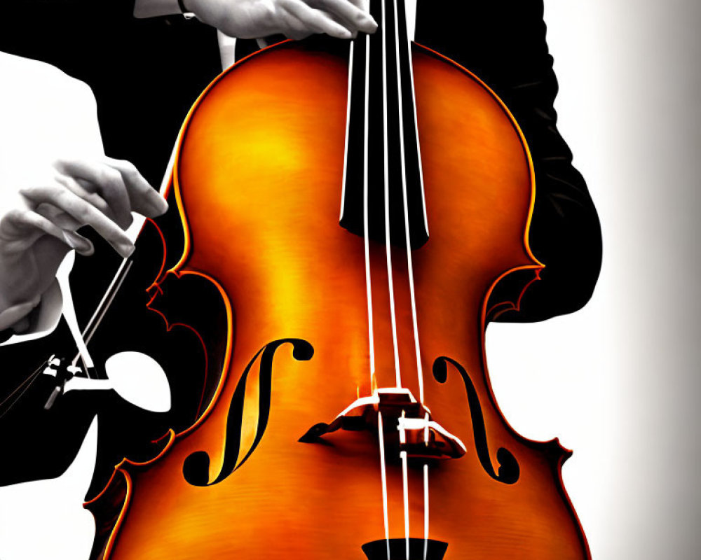 Detailed digital illustration of a person playing a cello - close-up view of hands, bow, and