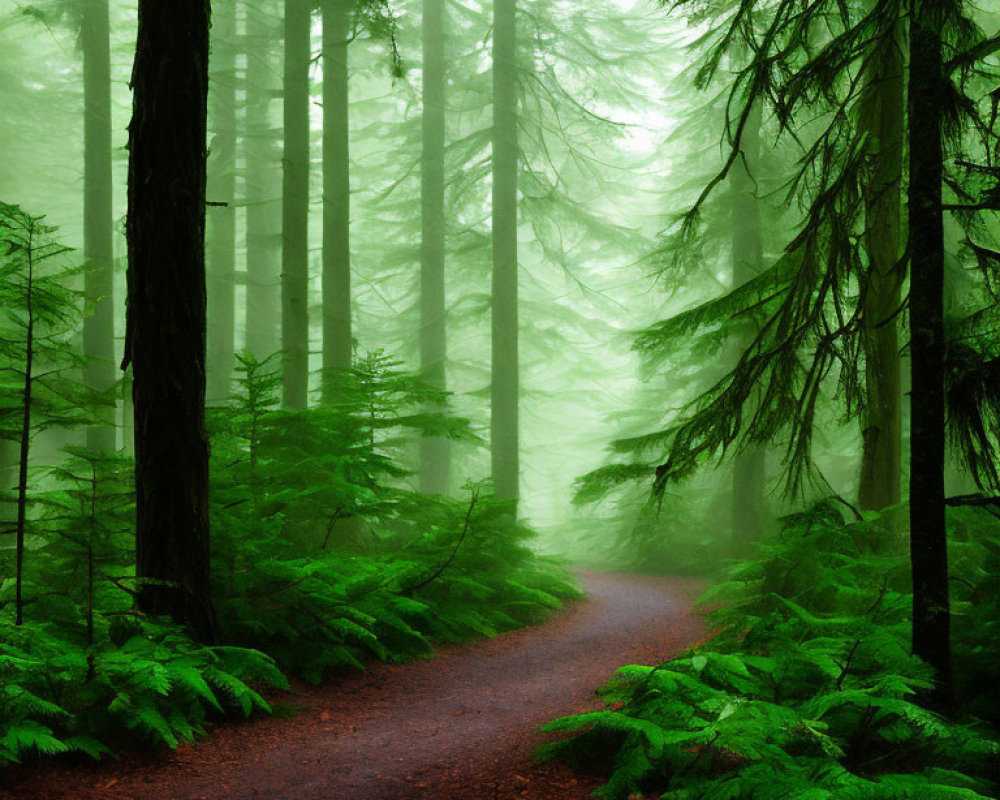 Misty forest path with green ferns and tall trees