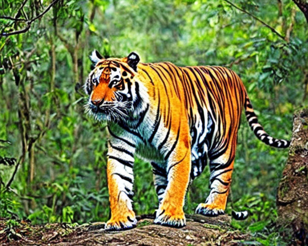 Alert tiger in lush forest with vivid orange and black stripes.