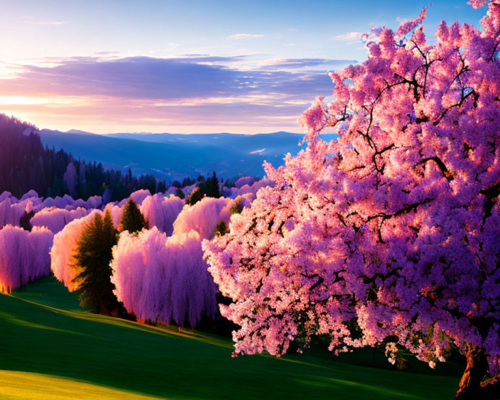 Colorful Cherry Blossom and Wisteria Landscape at Sunset