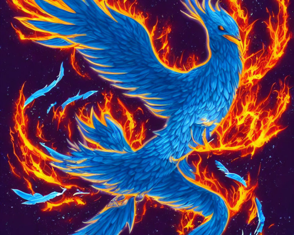 Colorful Blue Phoenix Surrounded by Orange Flames in Night Sky