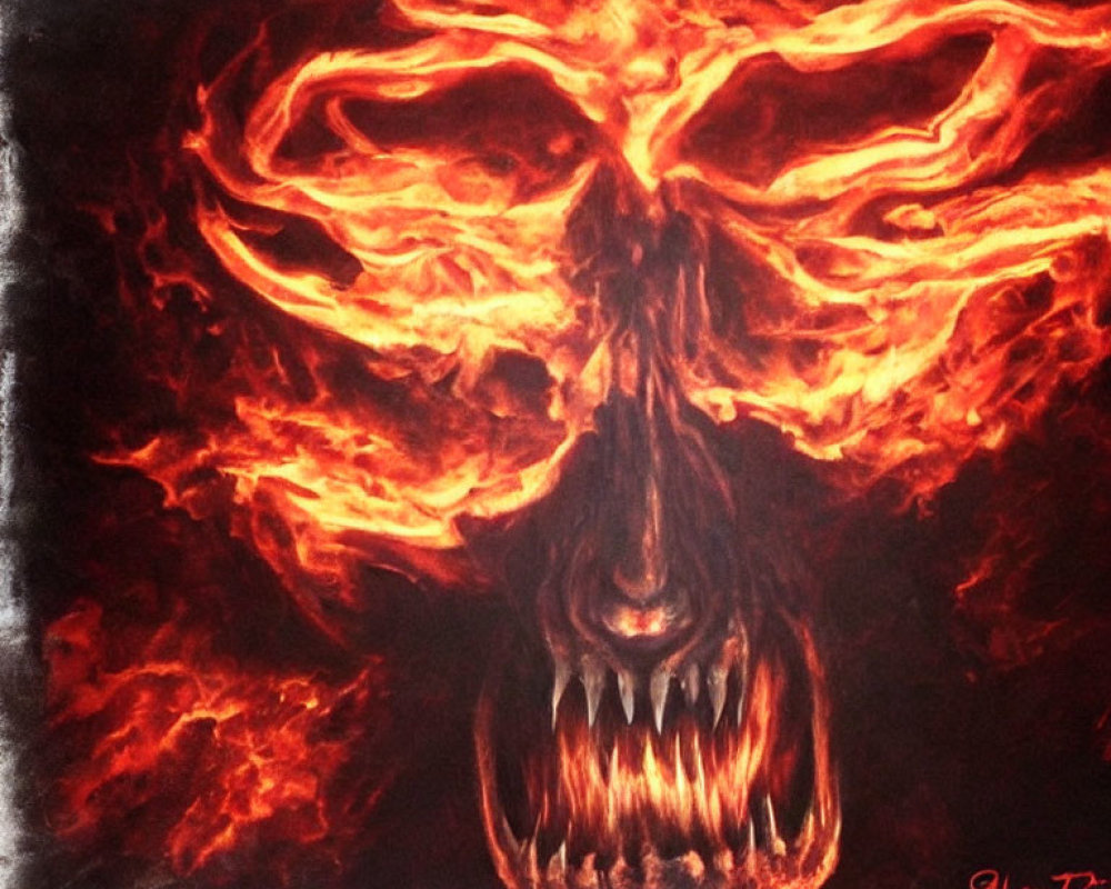 Vibrant orange and red skull with fiery flames - intense artistic depiction