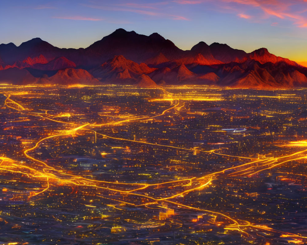 Vibrant city nightscape with glowing streets and mountain backdrop