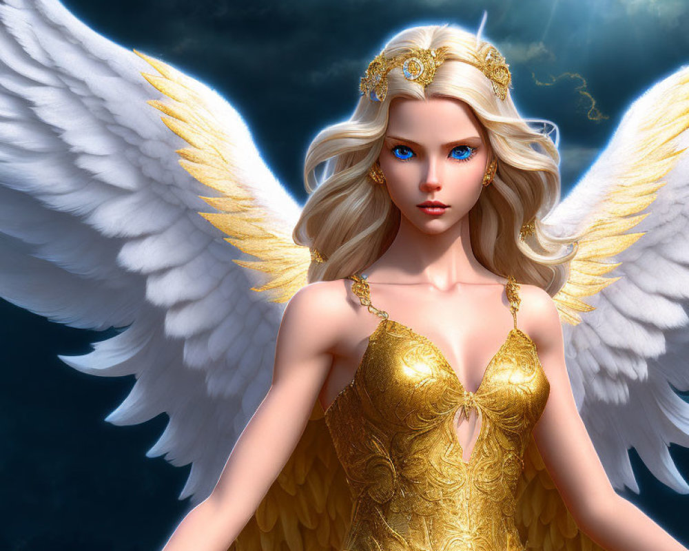 Illustration of angelic figure with blue eyes, golden hair, white wings, in ornate gold