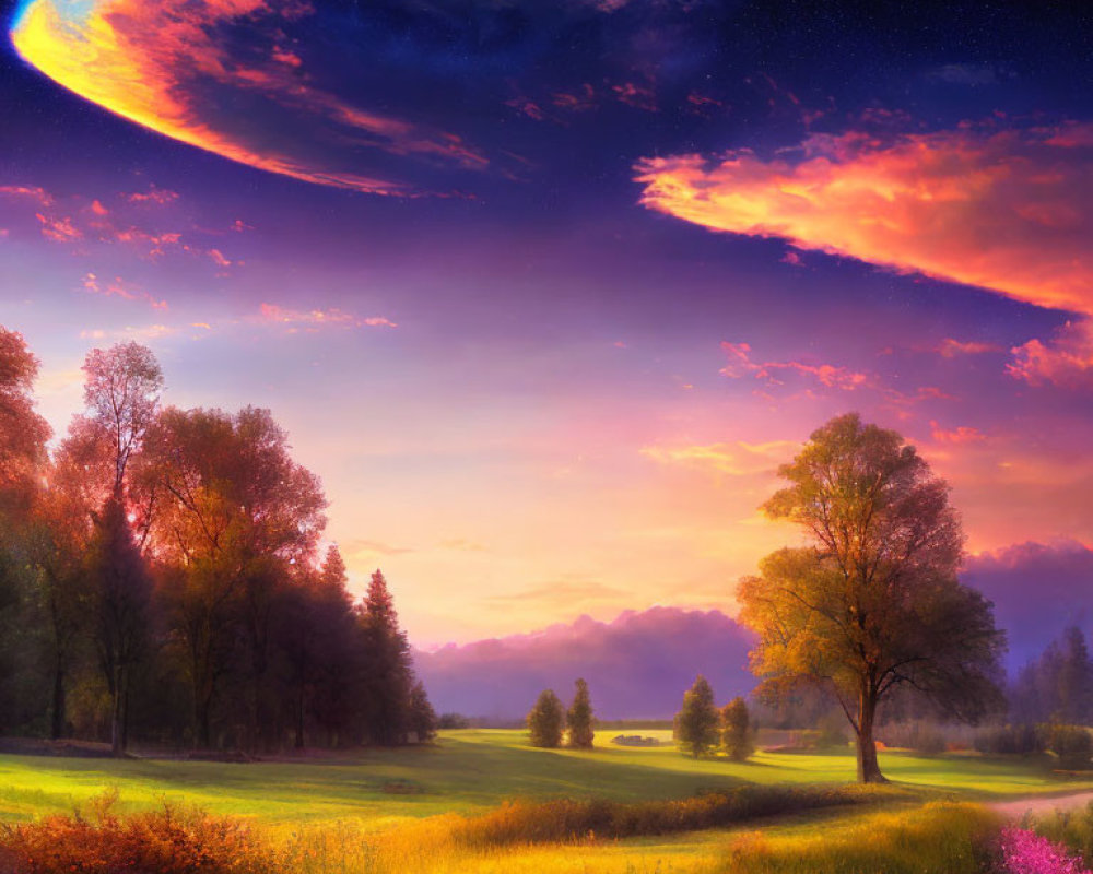 Colorful surreal landscape with celestial body above lush meadow