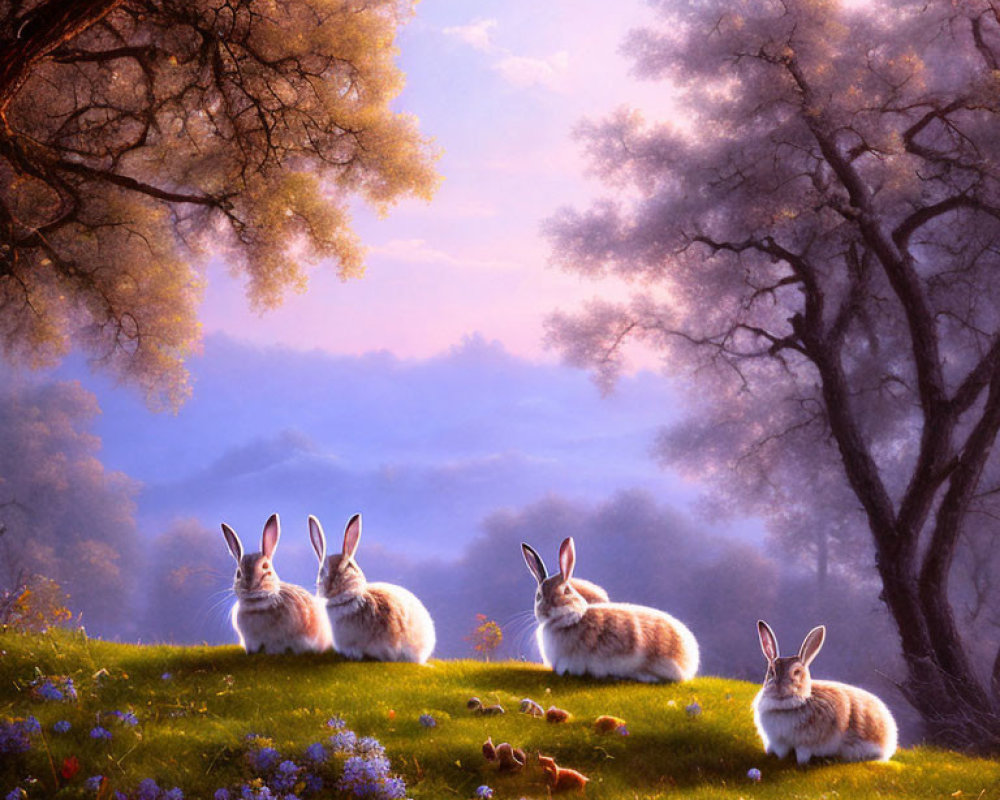 Four rabbits on grassy hill at dawn or dusk with wildflowers, softly lit trees, and past