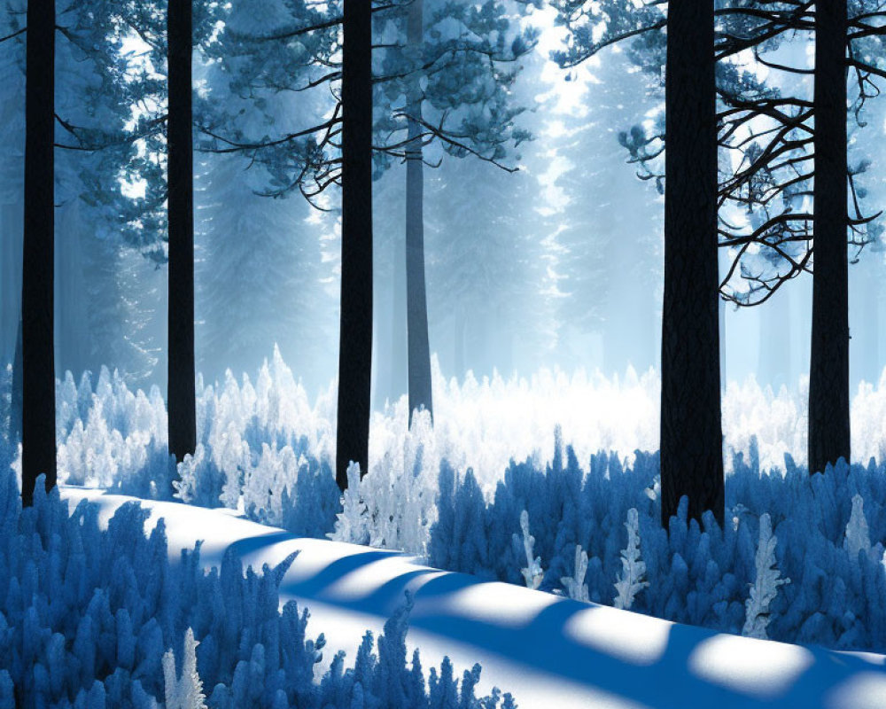 Winter Forest Scene: Tall Trees, Snow, Frost, and Soft Sunlight