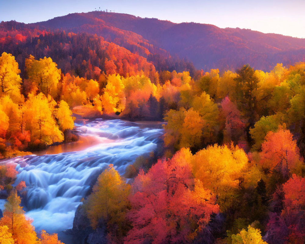 Colorful autumn landscape with trees, cascade, and hill under blue sky