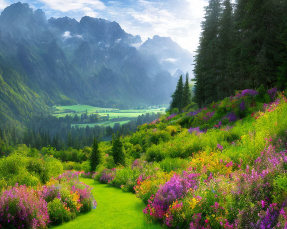 Colorful wildflowers on hillside path with valley and mountains view