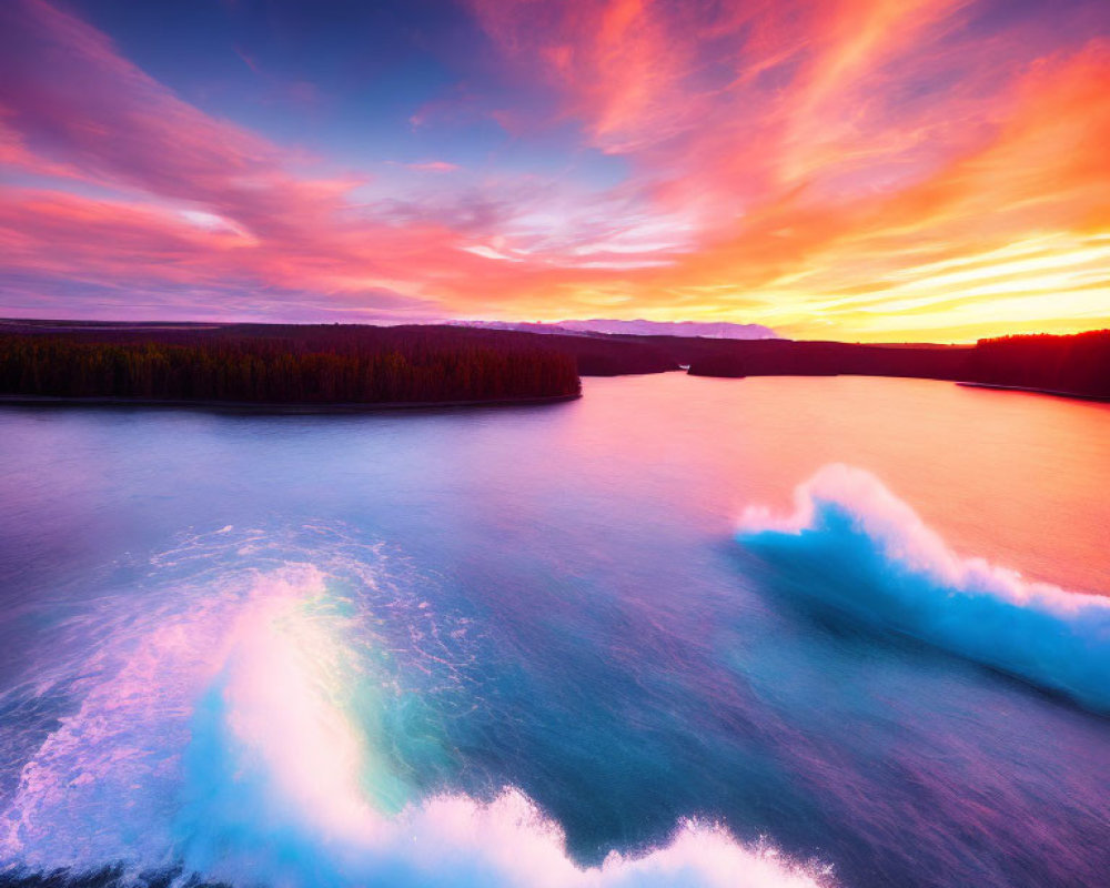 Serene sea sunset with pink and orange clouds and dark treeline