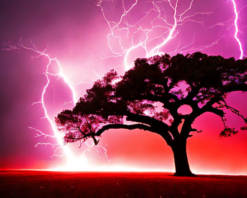 Vibrant night sky with lone tree and colorful lightning branches