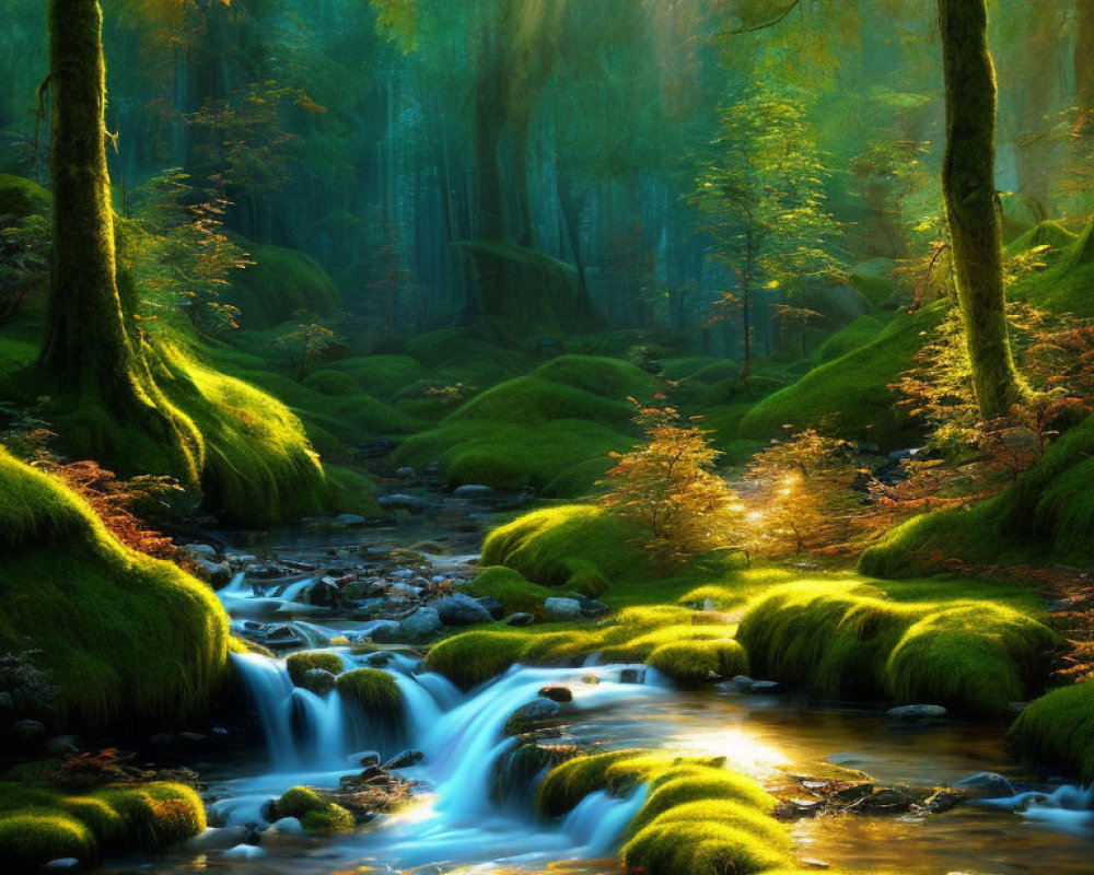 Verdant forest with sunlight filtering over small stream