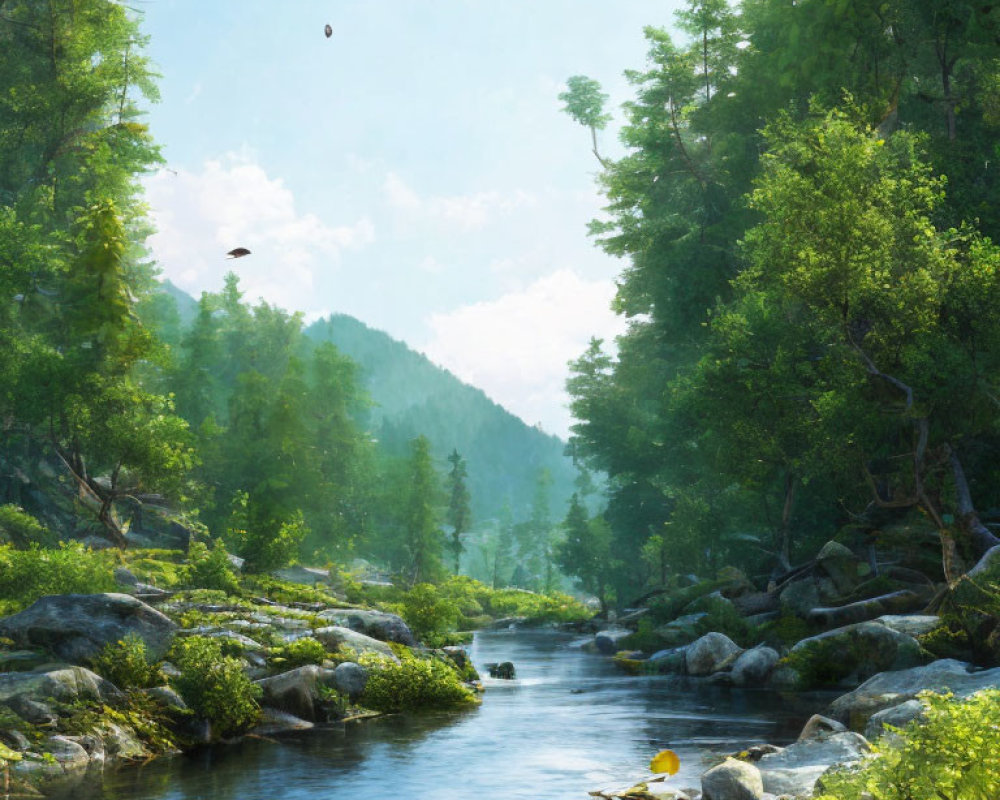 Tranquil Forest Scene with River, Greenery, and Birds