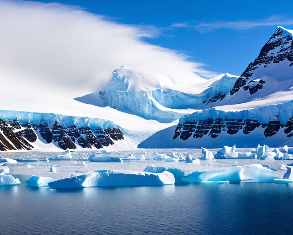 Antarctic Landscape with Icebergs and Snow-Covered Peaks