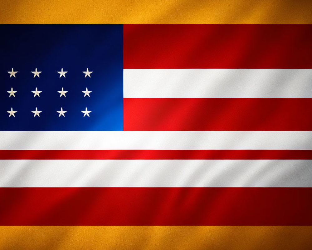 Flag with blue square, white stars, red & white stripes on golden background