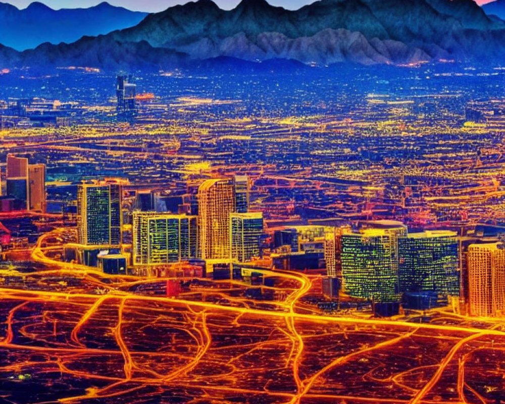 Colorful Cityscape at Twilight with Illuminated Buildings and Mountain Backdrop