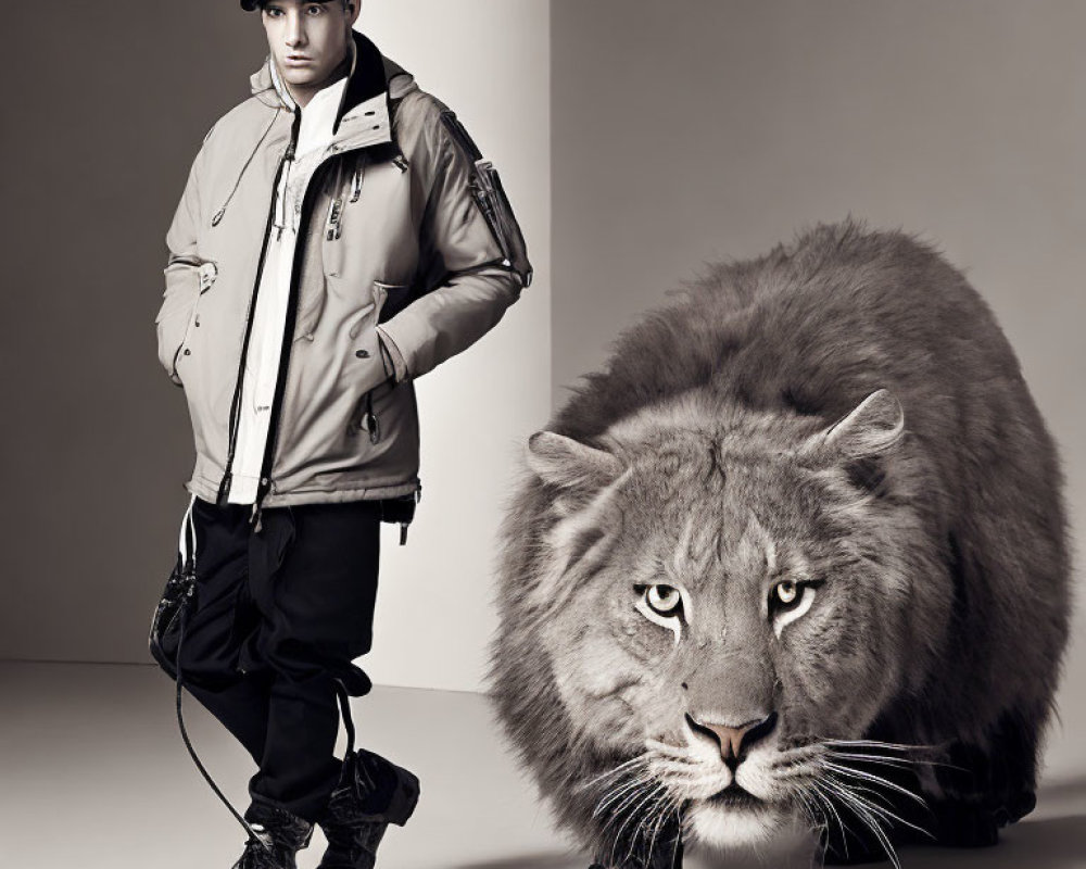 Confident man in trendy attire with imposing lion in studio setting