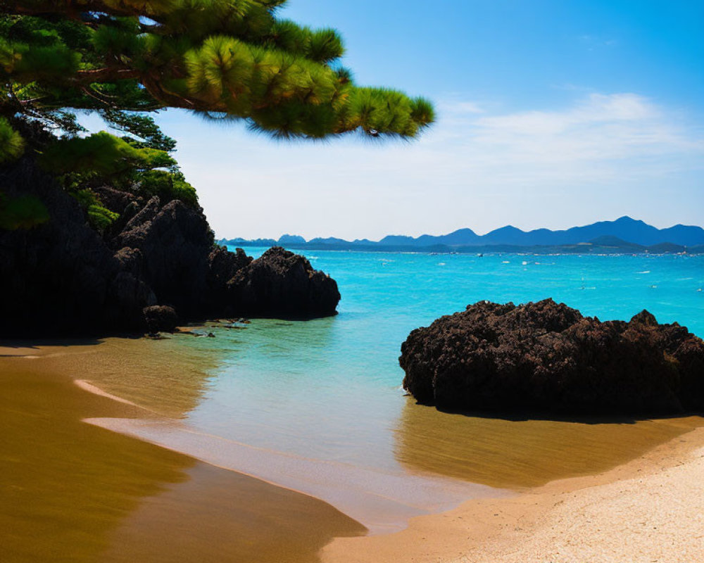 Scenic Sandy Beach with Turquoise Waters and Volcanic Rocks