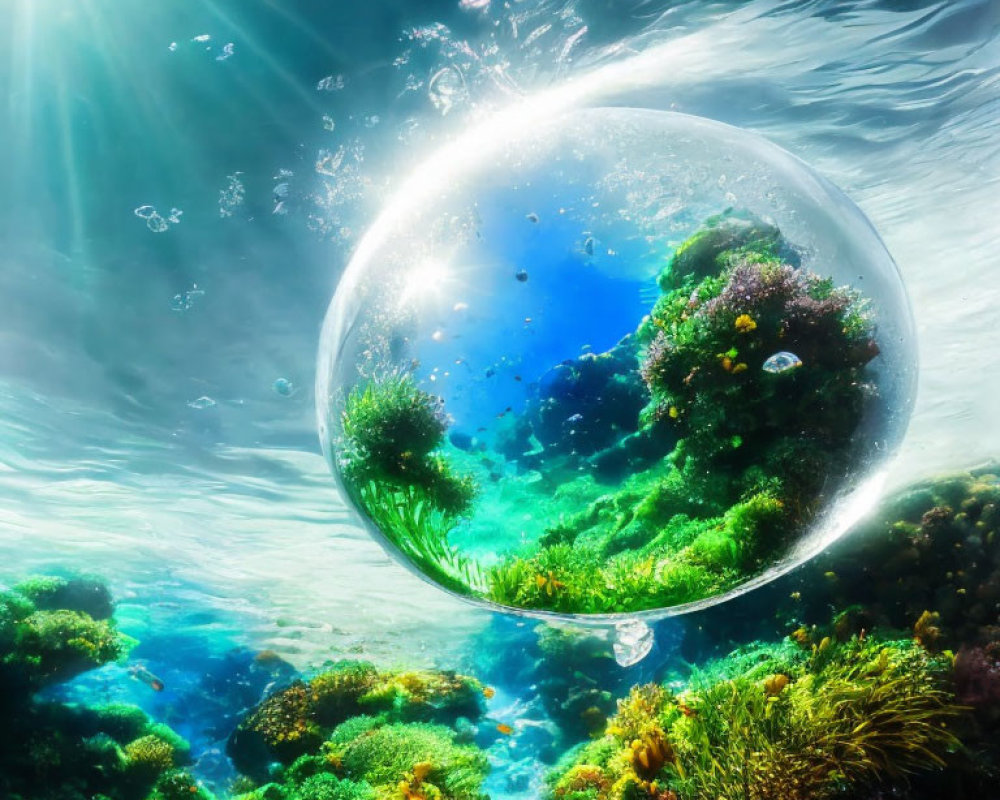 Colorful Underwater Scene with Sunbeam Illumination and Bubble Ecosystem