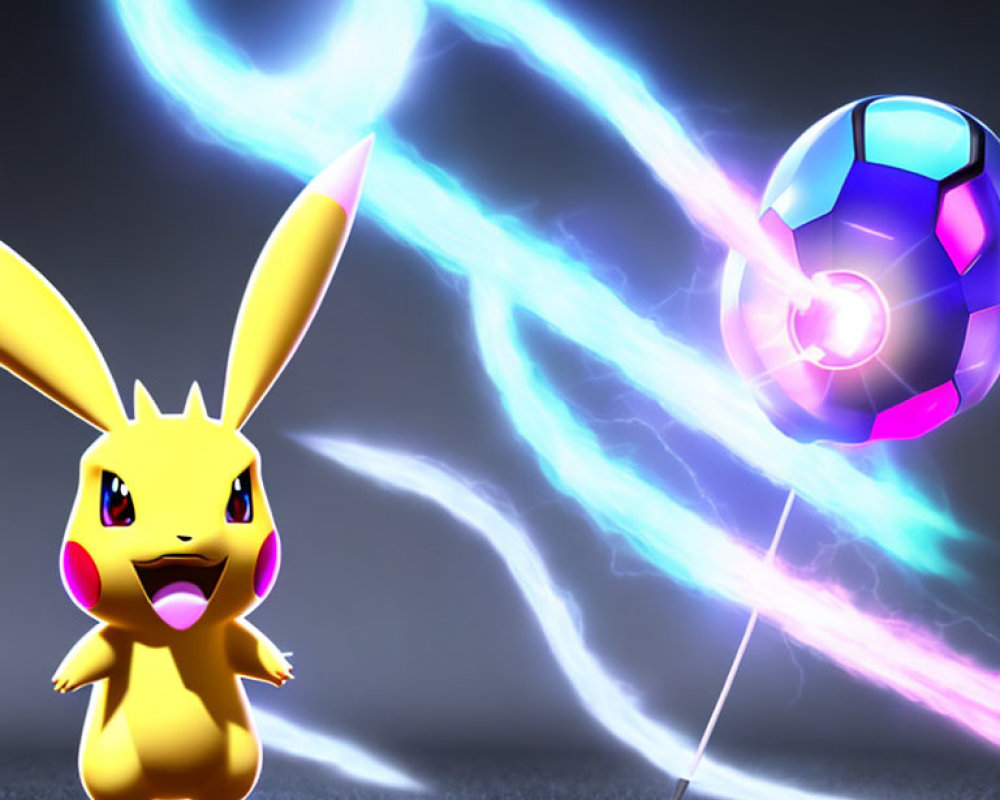 Alert Pikachu next to spinning, energy-infused Poké Ball in dark setting