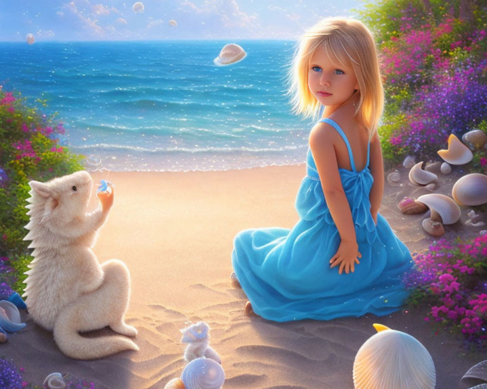 Young girl in blue dress with white puppy on beach surrounded by flowers and seashells, ocean and