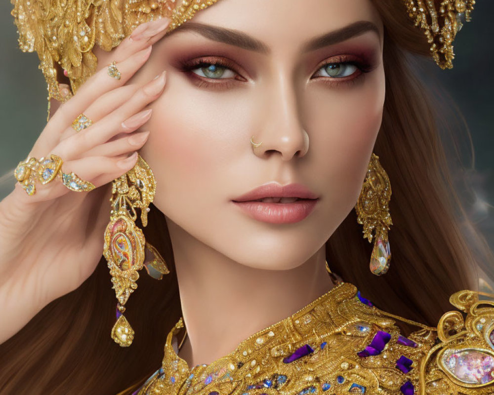 Woman with ornate golden headdress and jewelry, striking makeup and green eyes