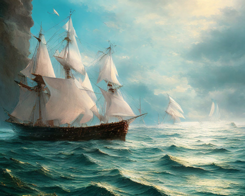 Majestic sailing ship on turbulent seas with distant ships under sunlit sky