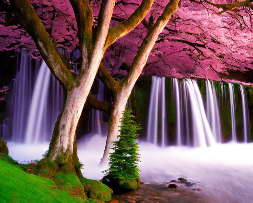 Cherry blossom tree next to cascading waterfall in misty scene